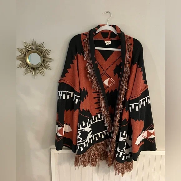 NWOT POL Black, Rust-Orange and White Aztec style Fringed Chenille Cardigan - Picture 3 of 7